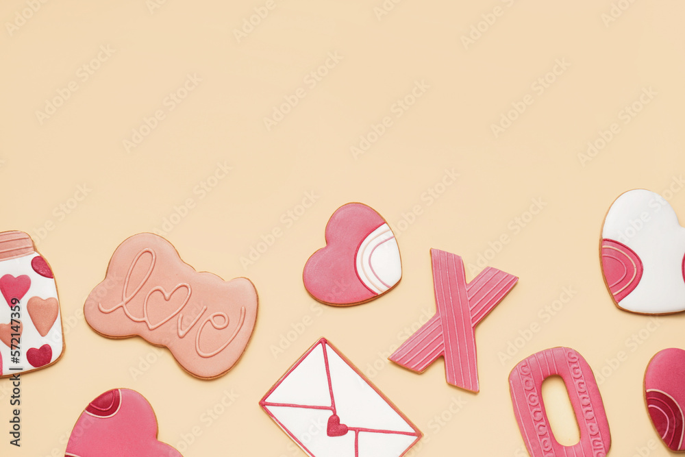 Composition with different sweet cookies for Valentine's Day celebration on color background Composition with different sweet cookies for Valentine's Day celebration on color background