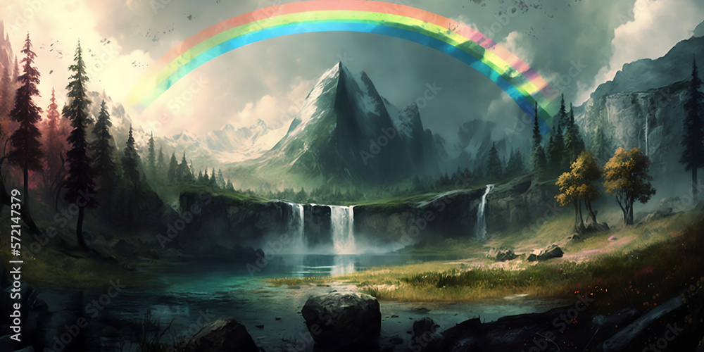 Regenbogen über einer traumhaften Märchen-Landschaft / Hintergrund / Wallpaper