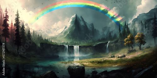 Regenbogen   ber einer traumhaften M  rchen-Landschaft   Hintergrund   Wallpaper