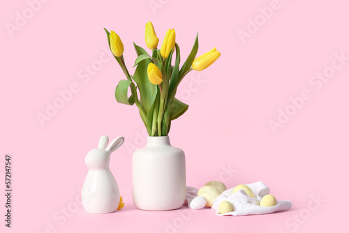 Wallpaper Mural Vase with beautiful tulip flowers, Easter eggs and ceramic bunny on pink background Torontodigital.ca