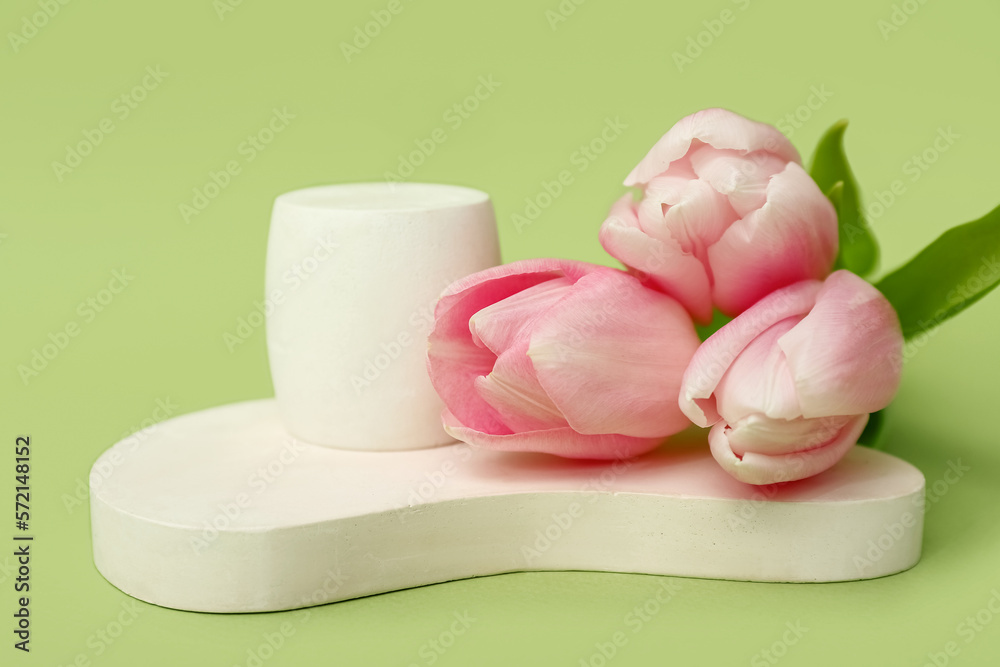 Podiums with pink tulips on green background. Hello spring Podiums with pink tulips on green background. Hello spring