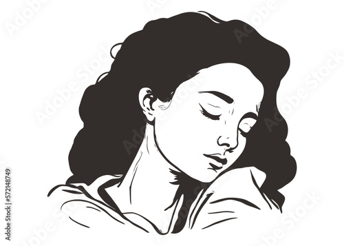 black icon girl sleeping on the bed. flat vector illustration.