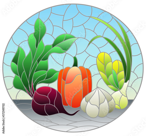 An illustration in the style of a stained glass window with a composition of ripe fresh vegetables on a table on a blue background, oval image