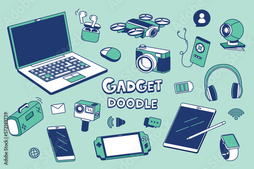 Gadget equipment in color doodle styles. Hand drawing styles for electronic items.