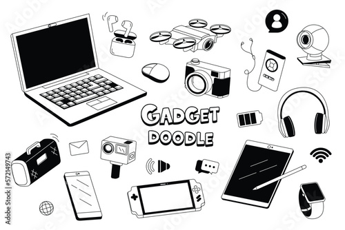 Gadget equipment in doodle styles. Hand drawing styles for electronic items.
