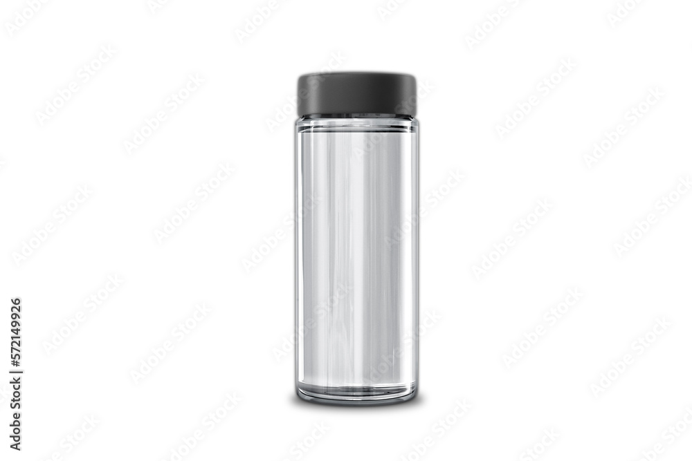 Thee Empty Glass Container On White Background. Glass Cylindrical bottle with black lid and water inside mockup isolated. Healthy diet or sport concept. 3d rendering.eco friendly. Thee Empty Glass Container On White Background. Glass Cylindrical bottle with black lid and water inside mockup isolated. Healthy diet or sport concept. 3d rendering.eco friendly.
