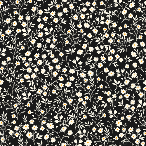 Vintage seamless tiny floral pattern. Black background of small white flowers. Design for wallpaper, clothing, wrapping, fabric, cover, textile