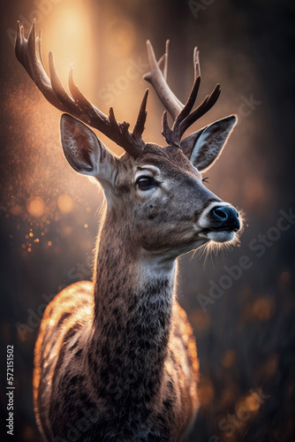 Beautifull deer, forest background at sunset