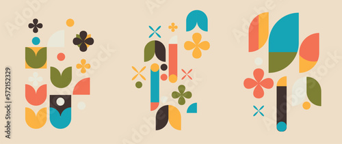 Set of geometric pattern element in mid-century style. Retro abstract collection of colorful circle, curve, flower, star shapes. Modern trendy design for cover, business card, poster, wall art.