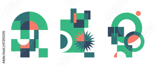Set of geometric pattern element in mid-century style. Retro abstract collection of colorful circle, curve, square and triangle shapes. Modern trendy design for cover, business card, poster, wall art.