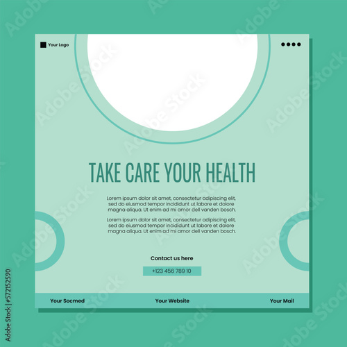Medical social media post template design. Modern banner with blue and white background and place for the photo. Usable for social media, banner, and website.