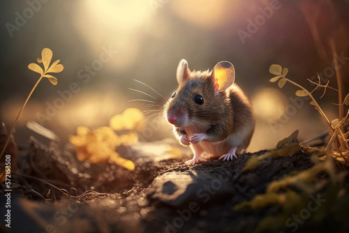 Cute mouse in the sunset on blured background photo