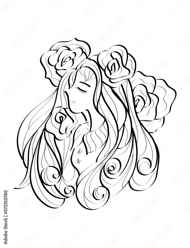 Black and white illustration of a woman with flowers Black and white illustration of a woman with flowers