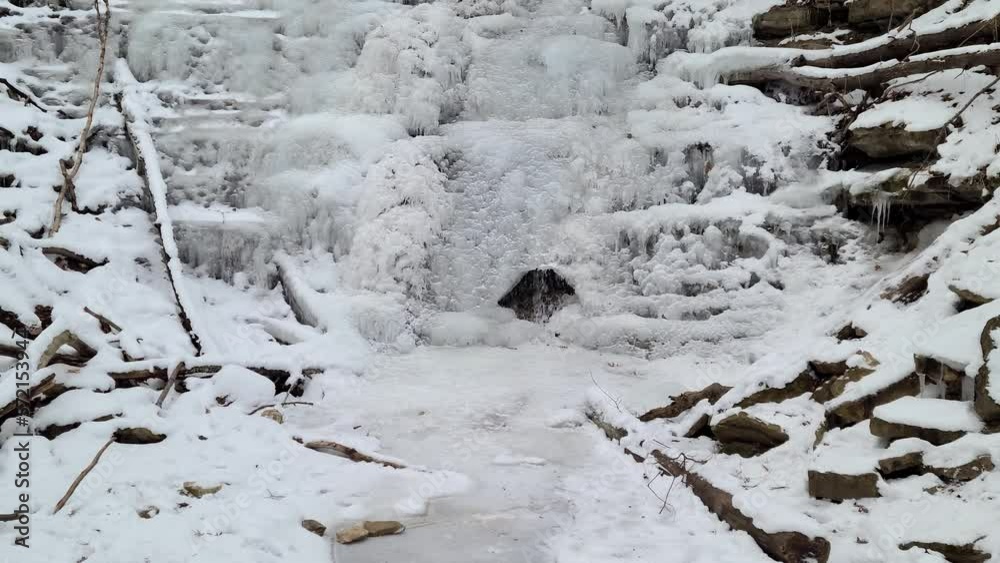Winter landscape in nature, with water flowing through the snow frozen. Panning view Winter landscape in nature, with water flowing through the snow frozen. Panning view