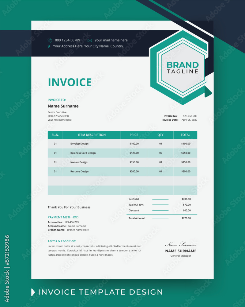 Business invoice template design with price receipt, payment agreement, invoice bill, accounting and bill receipt
