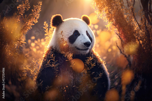 Amazing giant panda bear on sunrise, background bushes bokeh