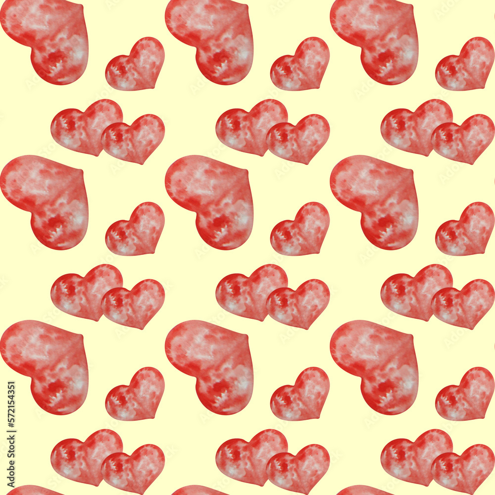 Watercolor pattern with hearts on a yellow background. It can be used as a separate work, on wallpaper, banners, in various compositions. Watercolor pattern with hearts on a yellow background. It can be used as a separate work, on wallpaper, banners, in various compositions.