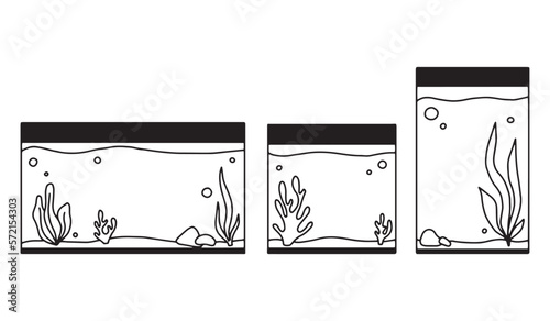 Set of Rectangular Aquariums. Collection of Aquariums with algae in doodle style. Vector illustration. Empty isolated aquarium in line style.