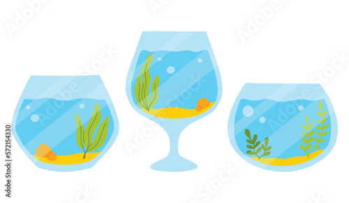 Aquarium set. Collection Aquariums with algae in flat style. Vector illustration. Empty isolated aquarium in cartoon style.