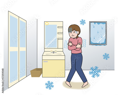 脱衣所が寒くて震えている女性