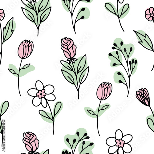 Seamless pattern with the image of spring flowers highlighted on a white background. Vector illustration