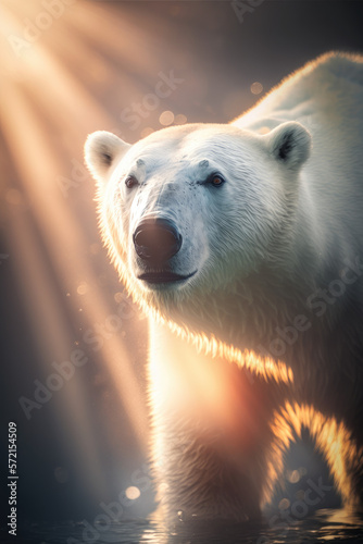 Polar bear with sun rays, bokeh background, arctic, amazing