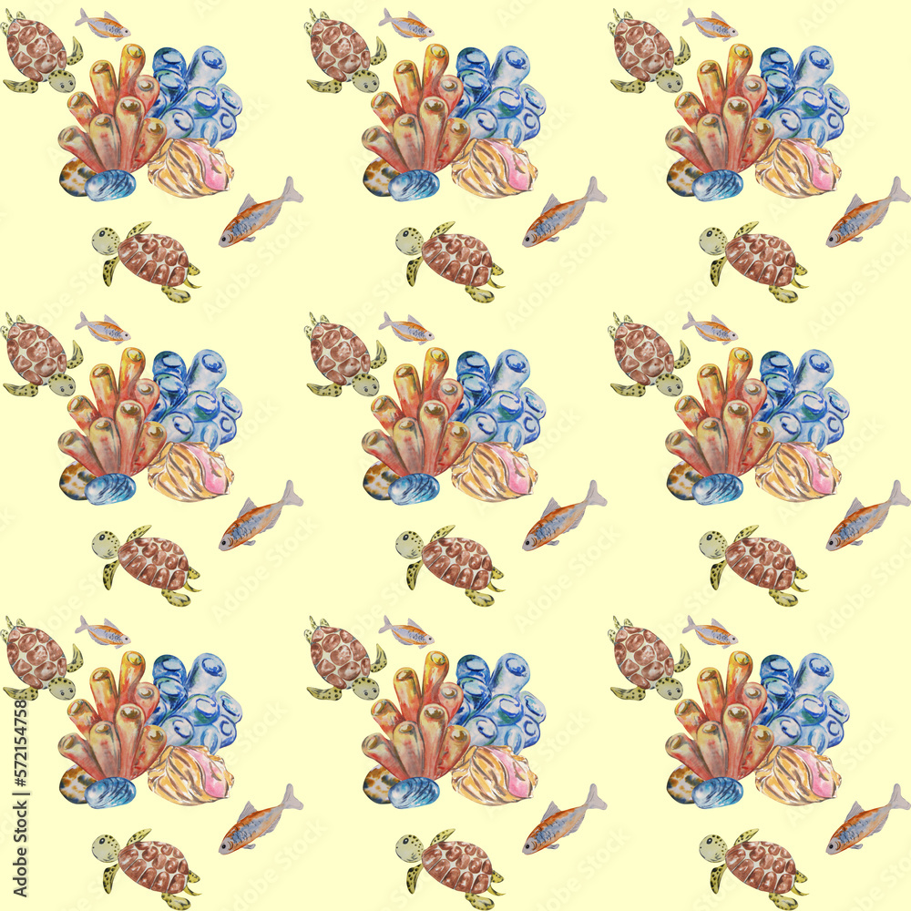 Naklejka premium Watercolor pattern with sea plants, turtles and fish. It can be used as a separate work, on wallpaper, banners, in various compositions.