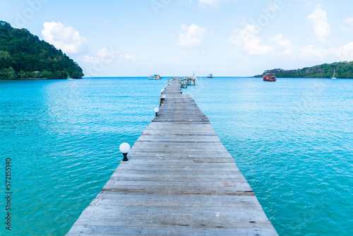 Beautiful beach with wooden jetty in Koh Kood island at Trat Thailand. blue sea and sky background