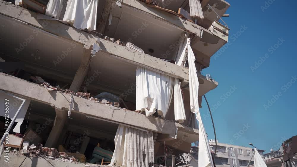 Images of the building destroyed after the earthquake. A sagging ...