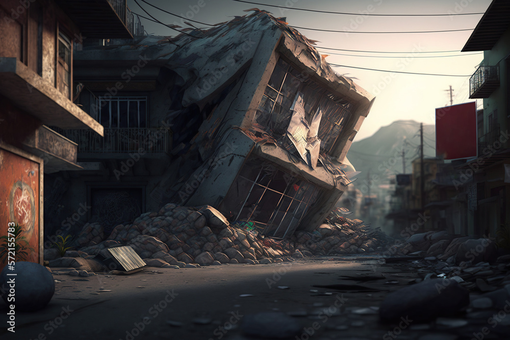 Ruined, destroyed buildings, house after earthquake or war, sunlight, AI Generative