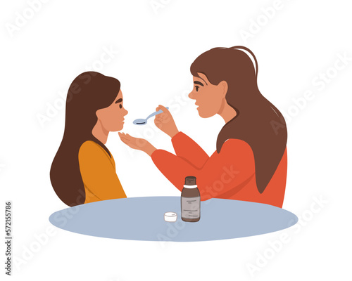 Mom gives her daughter medicine from a spoon. Flat vector illustration
