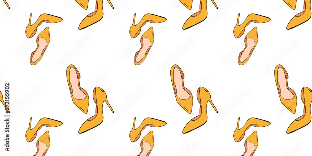 Seamless pattern of yellow shoes. Women's shoes with high heels. Vector illustration Seamless pattern of yellow shoes. Women's shoes with high heels. Vector illustration