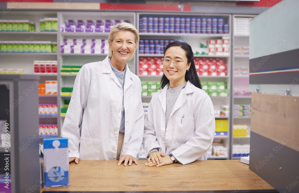 Pharmacist service, portrait and women teamwork, professional help desk employees and medicine support. Friendly pharmacy doctors or diversity medical people in pharmaceutical healthcare with a smile