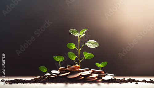 young plant is growing sprout from saving coins isolated on white. Investment concept. . Generative AI photo