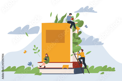 Tiny people reading books, sitting and standing on stack of giant books with opened one on top. Back to school, library or book festival concept. Vector illustration.