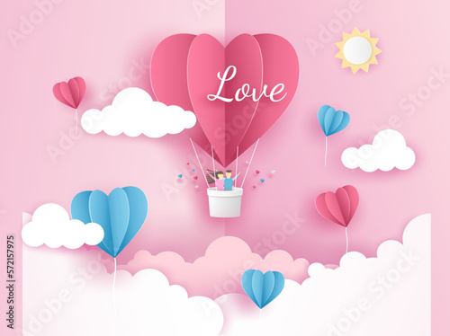 Lovely couple on origami pink balloon heart flying on the sky over the cloud in Valentine's day with text LOVE. Vector illustration art design in paper pop up or paper cut style.