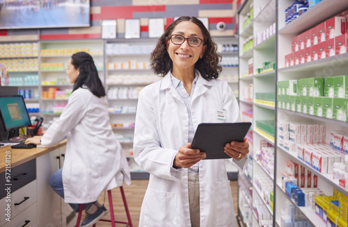 Pharmacy portrait, pharmacist woman and tablet for medicine management, stock research and inventory shelf. Digital technology, retail software and medical healthcare doctor or person online services