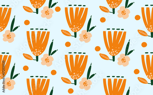 Trendy vector seamless repeating pattern with hand drawn flowers, dots and different shapes on blue background. Background for cover, wallpaper, fabric, clothes, wrapper, case, textile, cards, textile