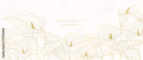Luxury tropical flower golden line art wallpaper. Elegant botanical anthurium flowers and leaves background. Delicate design for decorative, wedding card, home decor, packaging, print, cover, banner.