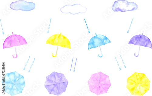 かわいい傘と雲と雨粒の水彩イラストセット