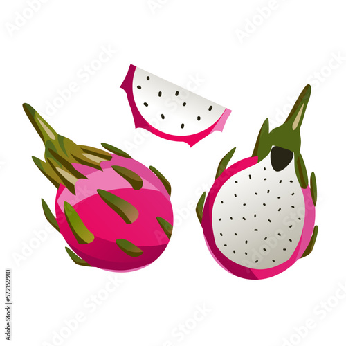 Dragon fruit isolated on a white background. Set realistic fruit. Macro icon juicy pitahaya and slices. Exotic sweet fruits.