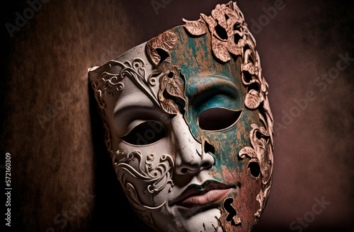  A clay theatre mask, drama abstract concept poster. Artistic rendering illustration made with AI tools.