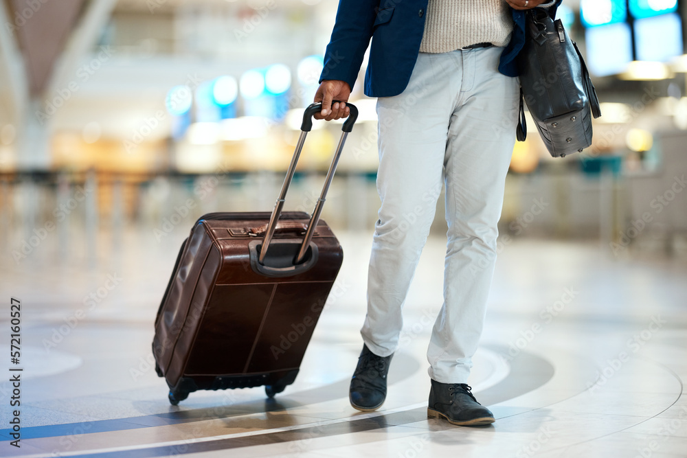 Luggage airport and black man travel for business opportunity international career and immigration. Professional person or entrepreneur legs walking with suitcase for flight wealth and global job foto...