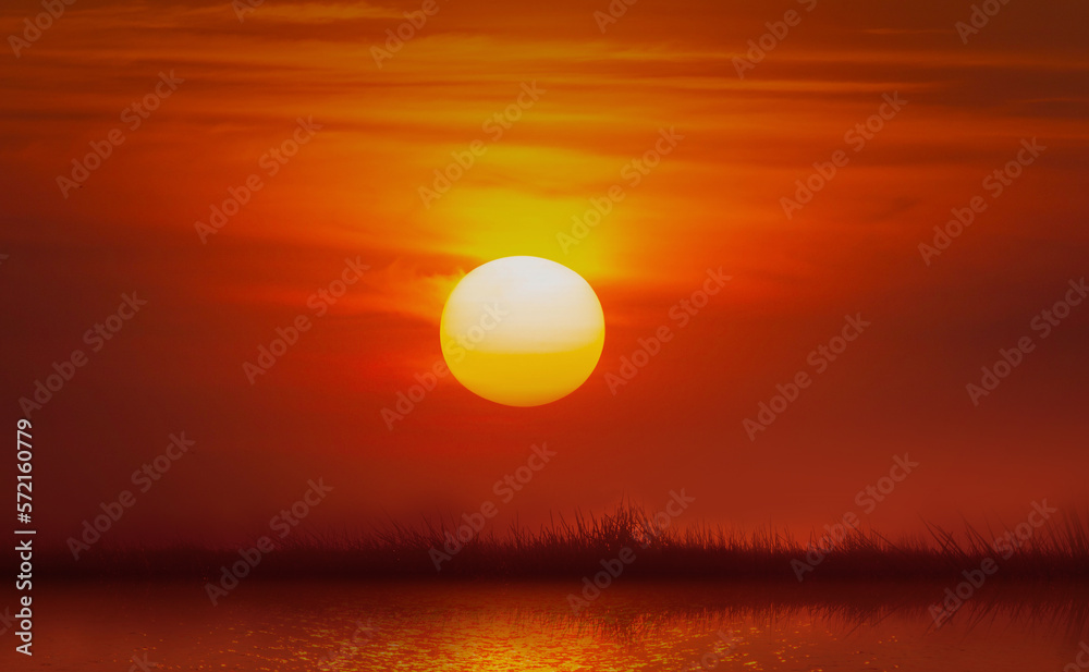 countryside landscape and calm river at sunrise