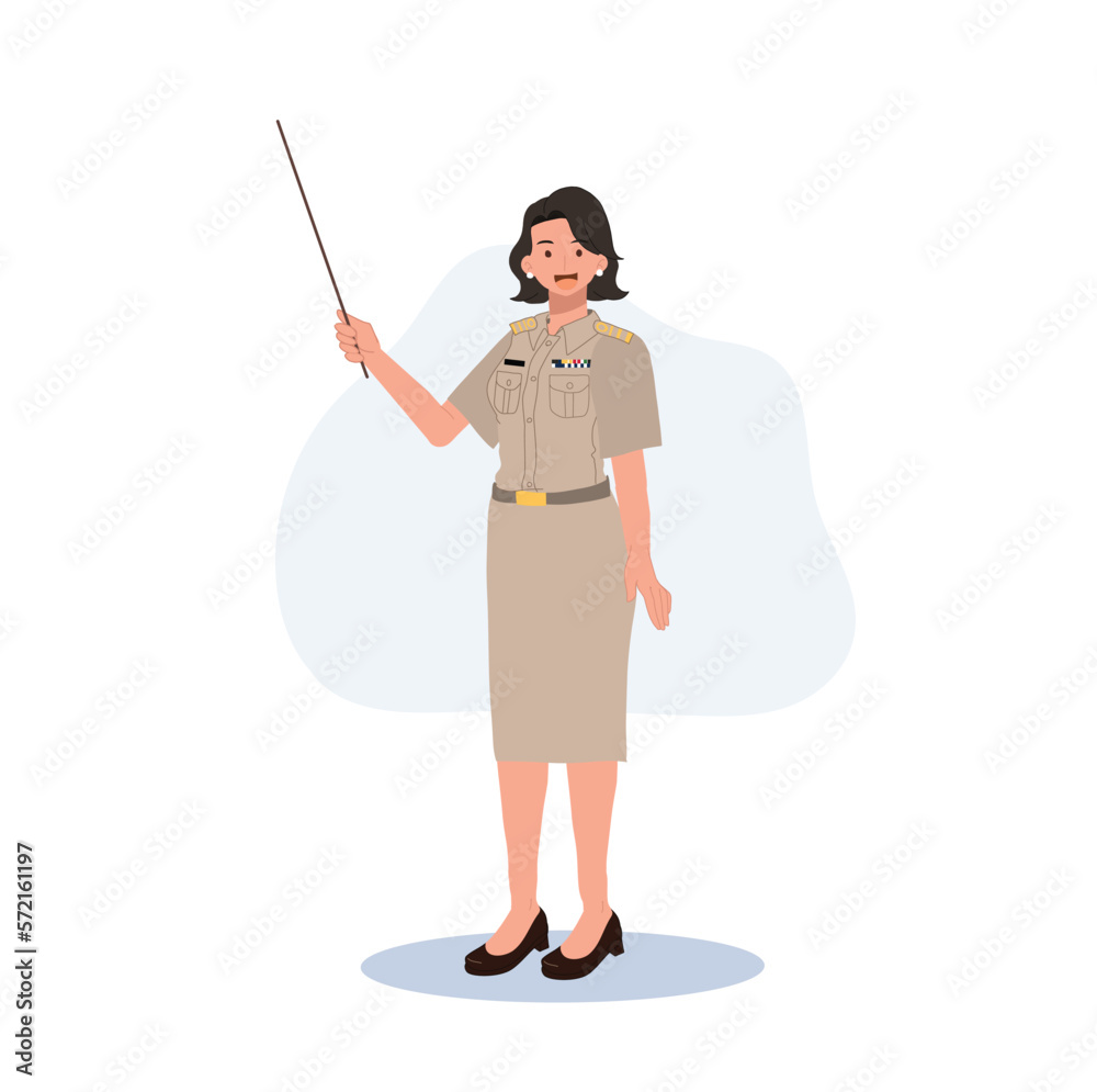 female Thai government officers in uniform. Woman Thai teacher holding pointer stick , explaining knowledge. Vector illustration female Thai government officers in uniform. Woman Thai teacher holding pointer stick , explaining knowledge. Vector illustration