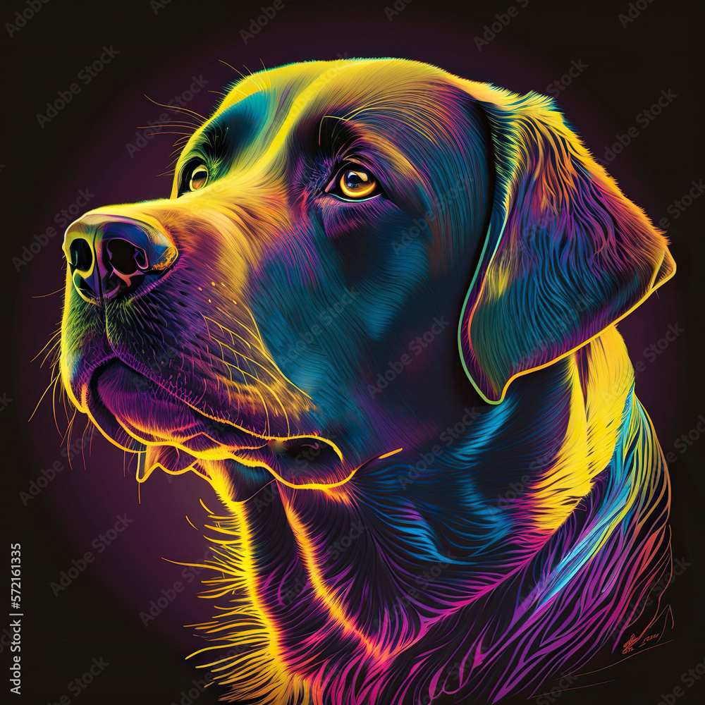 Labrador portrait in rainbow colors. Generative AI.