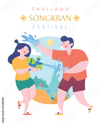 Songkran, Flat style Thai Water Festival cartoon illustration