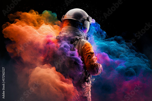 Fototapeta Neon astronaut in space helmet in the middle of multicolored smoke illustration