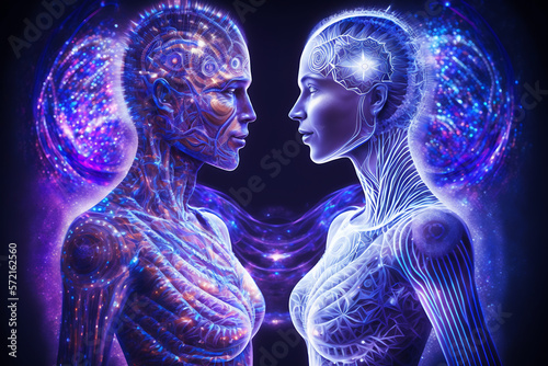 a couple of people that are in the shape of a heart,half male and half female,connection rituals, galactic energy, gaia, true love, ascended, beutifull , by Generative AI photo