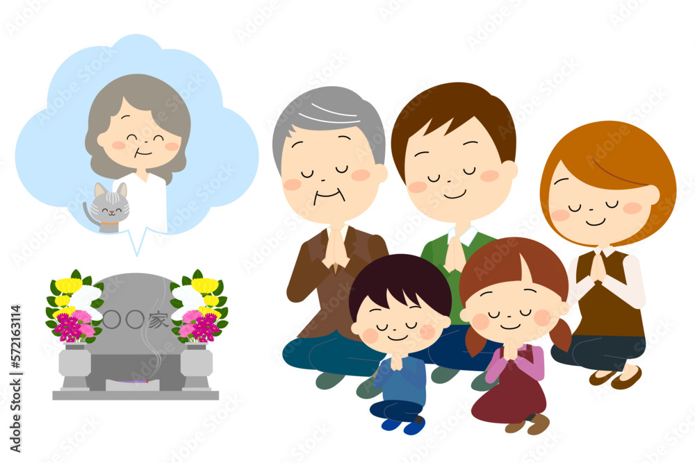 おばあさんとペットのお墓参りをする家族（秋冬）
